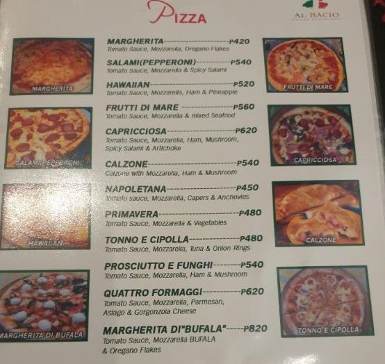 Al Bacioのpizza メニュー アンヘレスのイタリア料理